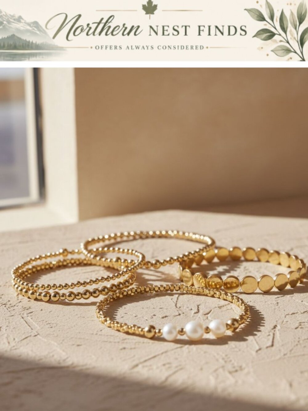 Gold Bead Pearl Bracelet Set 14 Piece Stretch Stackable Women's Jewelry Gift